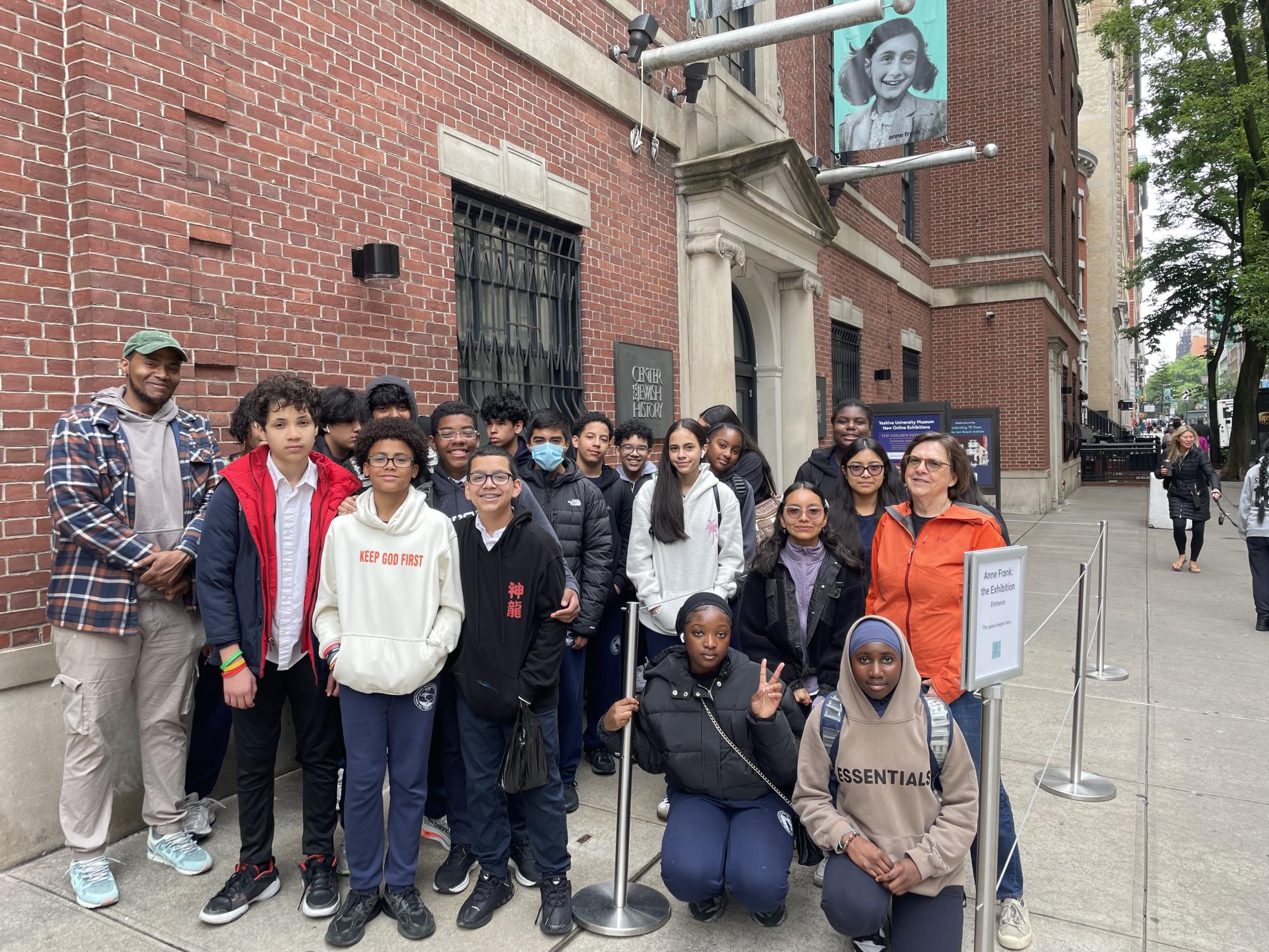 Class 802 at the entrance of the Center for Jewish History, May 23, 2025