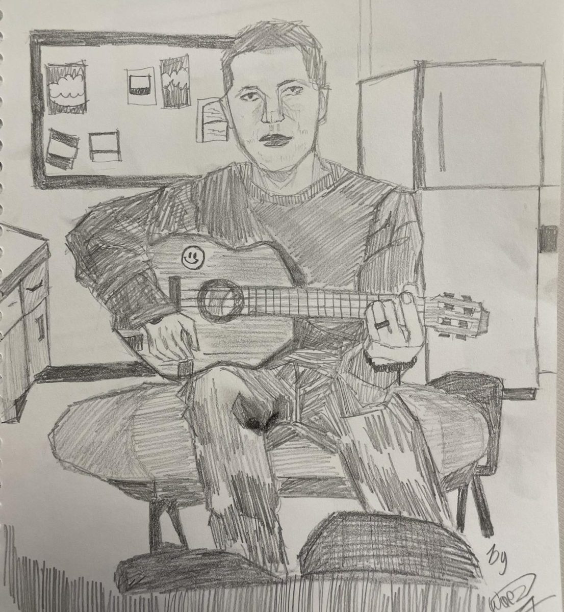 Illustration of Mr. Miesas playing guitar, one of many hobbies