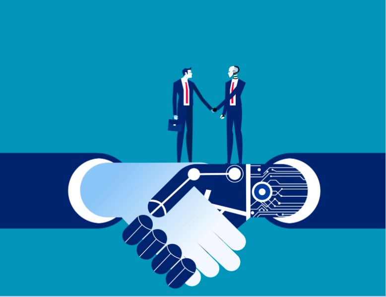 A human and a robot shake hands, representing how people and artificial intelligence can work together and help each other in the workplace. (By Dom Walbanke)