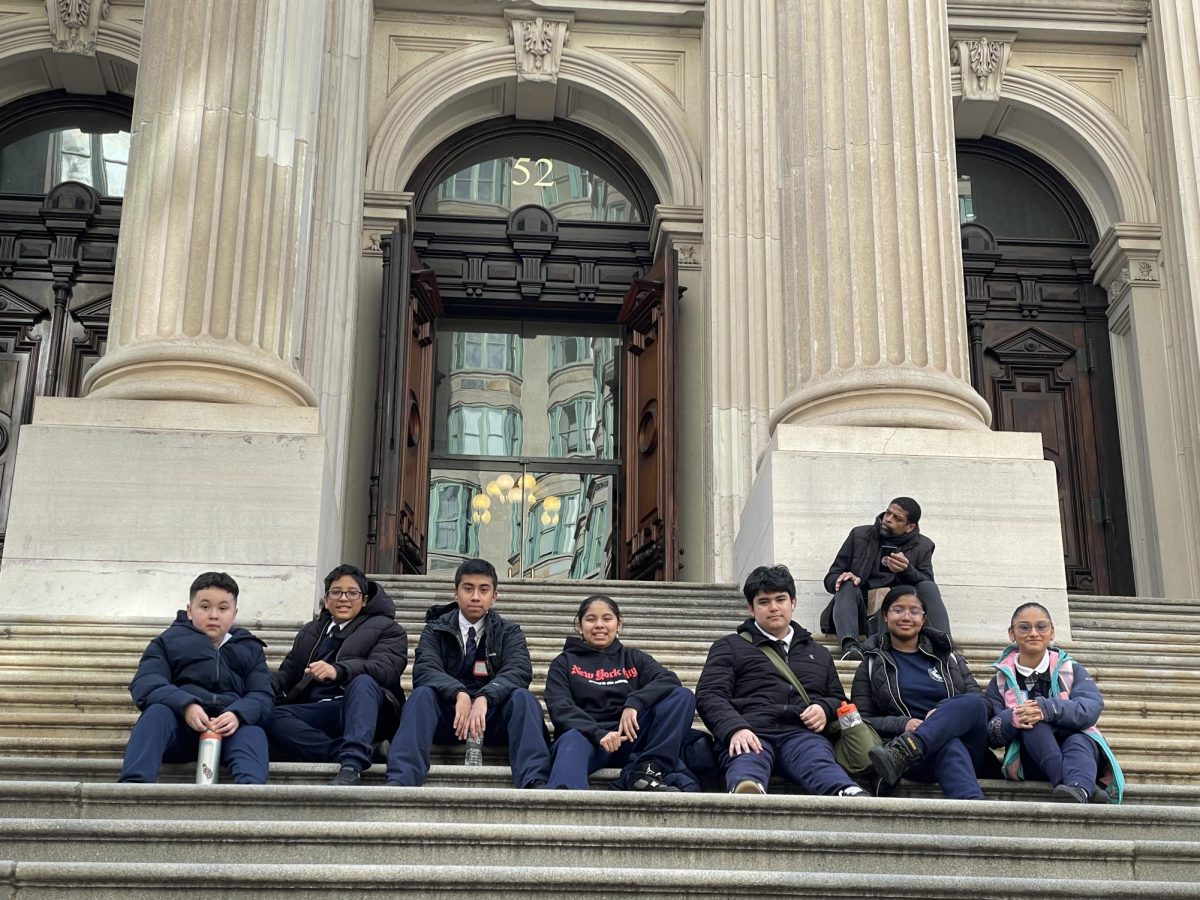 Middle School members of the Journalism Club, from left to right: Ismael Barillas Bravo, Adriel Almanzar, Anthony Diaz, Katie Ramos, Carlos Ramirez, Scarlet Carrasco, Evelyn Pastor